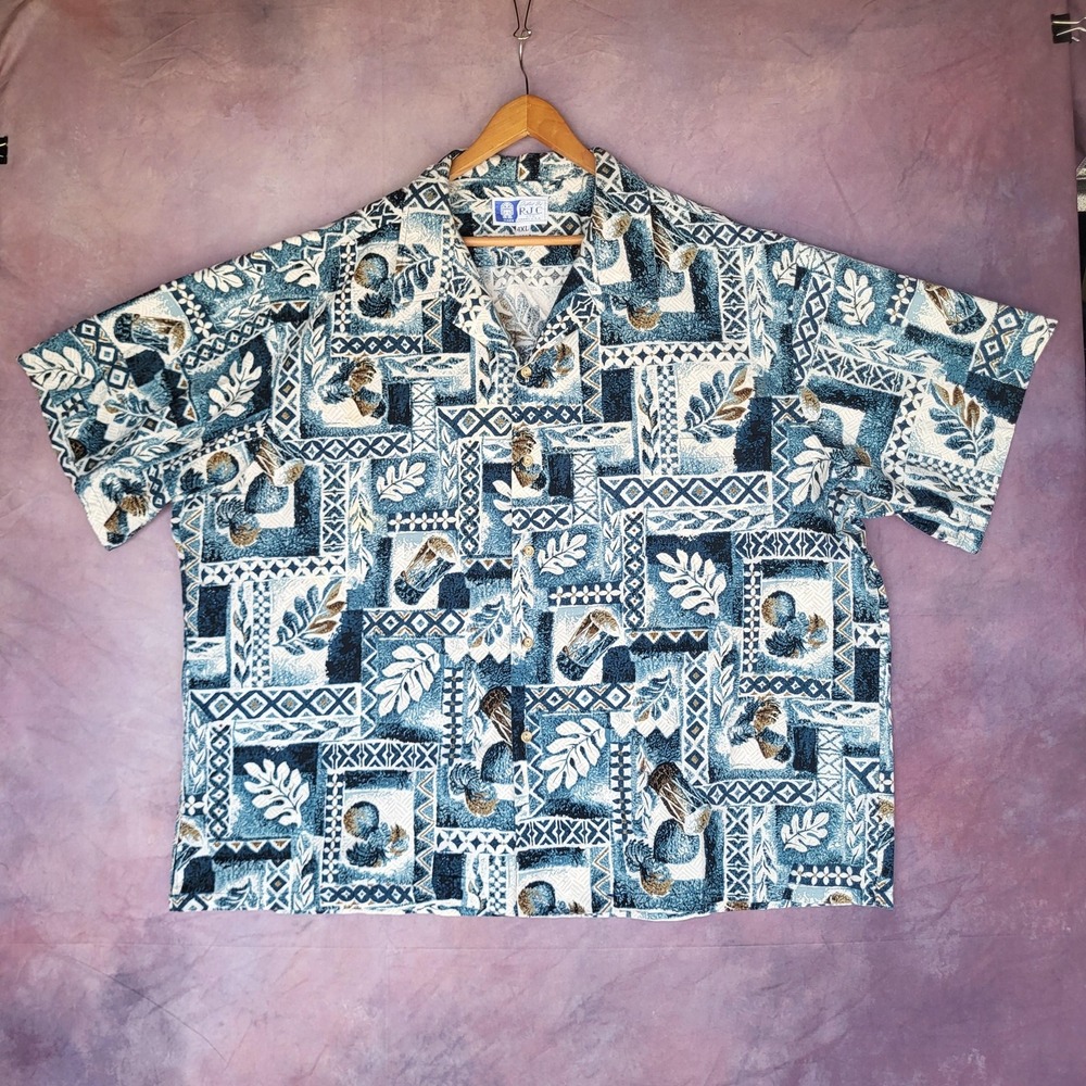 RJC Aloha Hawaiian Shirt Mens Size 4XL Blue Tiki Drum Leaf Graphic Button Up